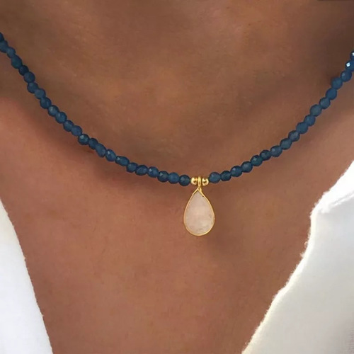 Hand made crystal blue - Multi faceted hande-made crystal beads necklace drop shaped crystal pendant gold plated .