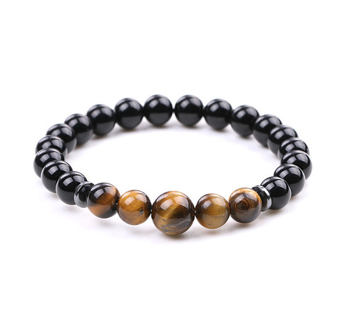 Handmade Real Natural Gemstone Beads Bracelets - Tiger Eye & Black Shiny Stone - Overview & Details Color: Tiger Eye & Black Shiny Stone Material: Natural stone Gender: Unisex Type: Bracelets 8mm beads with one 10mm middle bead 22cm – Stretchy elastic Bracelet weight: 19g The stone color will NOT fade Nickel & Zinc Free