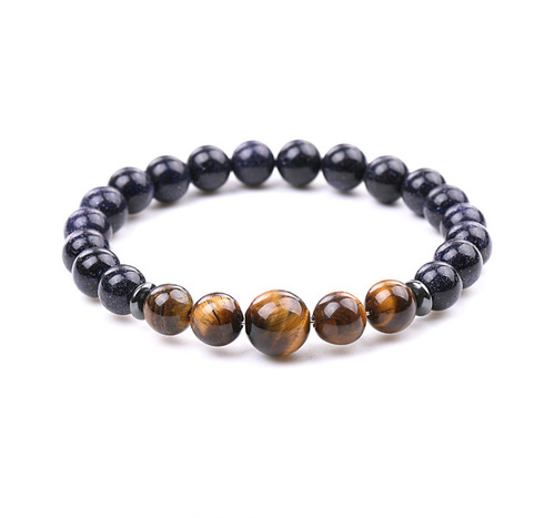 Handmade Real Natural Gemstone Beads Bracelets - Tiger Eye & Black With Purple Glitter Stone - Overview & Details Color: Tiger Eye & Black With Purple Glitter Stone Material: Natural stone Gender: Unisex Type: Bracelets 8mm beads with one 10mm middle bead 22cm – Stretchy elastic Bracelet weight: 17g The stone color will NOT fade Nickel & Zinc Free