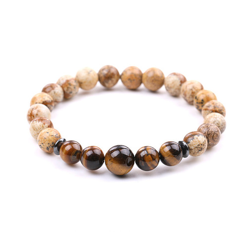 Handmade Real Natural Gemstone Beads Bracelets - Tiger Eye & Jasper Stone - Overview & Details Color: Tiger Eye & Jasper Stone Material: Natural stone Gender: Unisex Type: Bracelets 8mm beads with one 10mm middle bead 22cm – Stretchy elastic Bracelet weight: 18g The stone color will NOT fade Nickel & Zinc Free