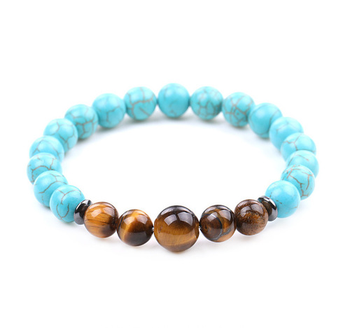 Handmade Real Natural Gemstone Beads Bracelets - Tiger Eye & Turquoise Stone - Overview & Details Color: Tiger Eye & Turquoise Stone Material: Natural stone Gender: Unisex Type: Bracelets 8mm beads with one 10mm middle bead 22cm – Stretchy elastic Bracelet weight: 18g The stone color will NOT fade Nickel & Zinc Free