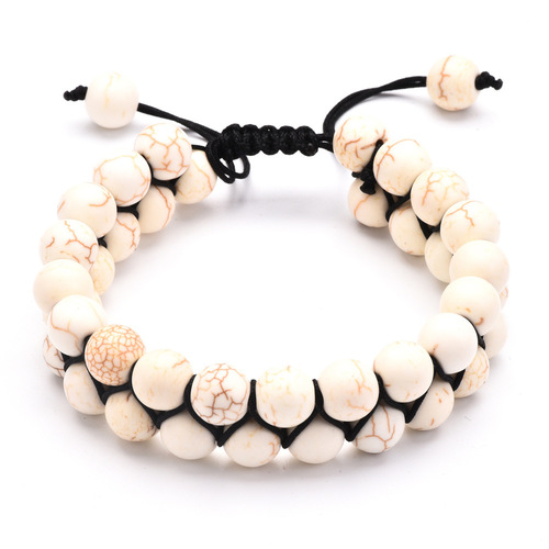 Gemstone Double Layer Beaded Boho Wrap Macrame Bracelet - White Howlite - Overview & Details Color: White Howlite Material: Natural stone Gender: Unisex Type: Bracelets 8mm beads double layer Bracelet weight: 30g The stone color will NOT fade Nickel & Zinc Free Adjustable to fit One size fits all