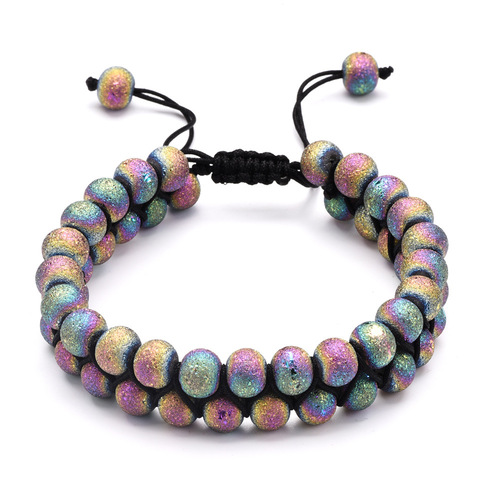 Gemstone Double Layer Beaded Boho Wrap Macrame Bracelet - Colorful Agate Lava Stone - Overview & Details Color: Colorful Agate Lava Stone Material: Natural stone Gender: Unisex Type: Bracelets 8mm beads double layer Bracelet weight: 26g The stone color will NOT fade Nickel & Zinc Free Adjustable to fit One size fits all