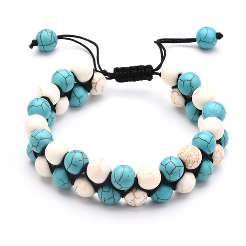 Gemstone Double Layer Beaded Boho Wrap Macrame Bracelet - Turquoise & White Howlite Stone - Overview & Details Color: Turquoise & White Howlite Stone Material: Natural stone Gender: Unisex Type: Bracelets 8mm beads double layer Bracelet weight: 30g The stone color will NOT fade Nickel & Zinc Free Adjustable to fit One size fits all