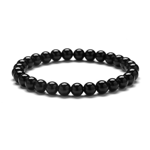 Simple Style Natural Stone Beaded Shiny Black Agate Stone - 6mm - Overview & Details Color: Shiny Black Agate Stone Material: Natural stone Gender: Unisex Type: Bracelets 6mm beads 17cm – Stretchy elastic Bracelet weight: 9g The stone color will NOT fade Nickel & Zinc Free