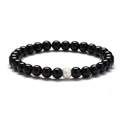 Simple Style Natural Stone Beaded Shiny Black Agate Stone - Silver 6mm - Overview & Details Color: Shiny Black Agate Stone Material: Natural stone Gender: Unisex Type: Bracelets 6mm beads 16.5cm – Stretchy elastic Bracelet weight: 10g The stone color will NOT fade Nickel & Zinc Free Sterling silver middle bead