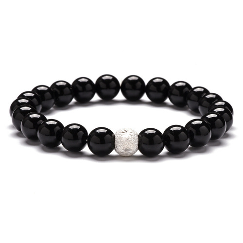 Simple Style Natural Stone Beaded Shiny Black Agate Stone - Silver 8mm - Overview & Details Color: Shiny Black Agate Stone Material: Natural stone Gender: Unisex Type: Bracelets 8mm beads 17cm – Stretchy elastic Bracelet weight: 17g The stone color will NOT fade Nickel & Zinc Free Sterling silver middle bead