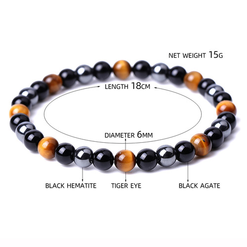 Mix Color Jade Stone Tiger Eye Agate Bracelet - 6mm - Overview & Details Color: Jade Stone & Tiger Eye Material: Natural stone Gender: Unisex Type: Bracelets 6mm beads 18cm – Stretchy elastic Bracelet weight: 15g The stone color will NOT fade Nickel & Zinc Free