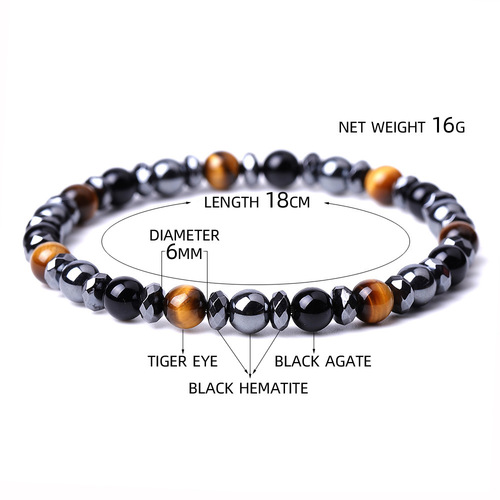 Mix Color Jade Stone Tiger Eye Agate Bracelet - 6mm - Overview & Details Color: Jade Stone & Tiger Eye Material: Natural stone Gender: Unisex Type: Bracelets 6mm beads 18cm – Stretchy elastic Bracelet weight: 16g The stone color will NOT fade Nickel & Zinc Free