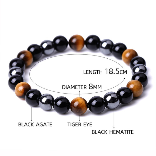 Vally - Mix Color Jade Stone Tiger Eye Agate Bracelet - 8mm - Overview & Details Color: Jade Stone & Tiger Eye Material: Natural stone Gender: Unisex Type: Bracelets 8mm beads 18.5cm – Stretchy elastic Bracelet weight: 22g The stone color will NOT fade Nickel & Zinc Free