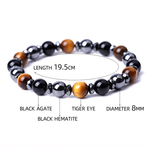 Mix Color Jade Stone Tiger Eye Agate Bracelet - 8mm - Overview & Details Color: Jade Stone & Tiger Eye Material: Natural stone Gender: Unisex Type: Bracelets 8mm beads 19.5cm – Stretchy elastic Bracelet weight: 21g The stone color will NOT fade Nickel & Zinc Free