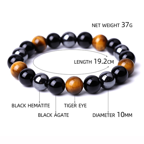 Mix Color Jade Stone Tiger Eye Agate Bracelet - 10mm - Overview & Details Color: Jade Stone & Tiger Eye Material: Natural stone Gender: Unisex Type: Bracelets 10mm beads 19.2cm – Stretchy elastic Bracelet weight: 37g The stone color will NOT fade Nickel & Zinc Free