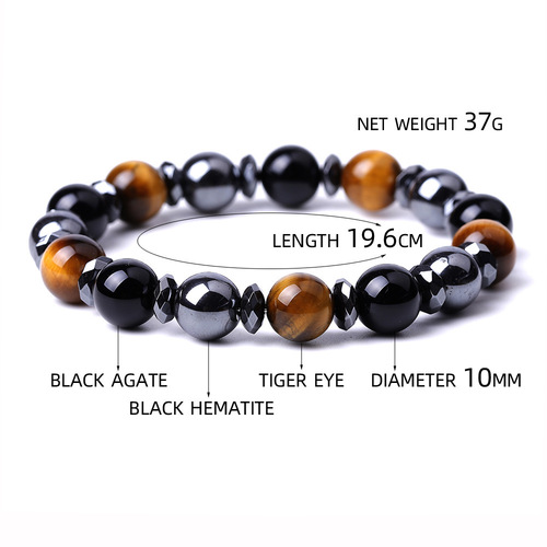 Mix Color Jade Stone Tiger Eye Agate Bracelet - 10mm - Overview & Details Color: Jade Stone & Tiger Eye Material: Natural stone Gender: Unisex Type: Bracelets 10mm beads 19.6cm – Stretchy elastic Bracelet weight: 37g The stone color will NOT fade Nickel & Zinc Free