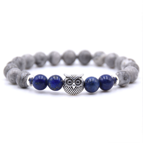 Vally - Jade Owl Pendant Stone Bracelet - Blue Stone - Overview & Details Color: Grey Jade Stone with Blue Material: Natural stone Gender: Unisex Type: Bracelets 8mm beads 19cm – Stretchy elastic Bracelet weight: 22g The stone color will NOT fade Nickel & Zinc Free