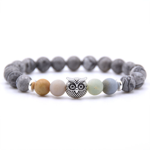 Jade Owl Pendant Stone Bracelet - Multicolor Stone - Overview & Details Color: Grey Jade Stone with Multicolor Stone Material: Natural stone Gender: Unisex Type: Bracelets 8mm beads 19cm – Stretchy elastic Bracelet weight: 22g The stone color will NOT fade Nickel & Zinc Free