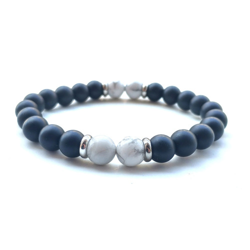 Natural Stone Black Agate Bracelets - Howlite Stone - Overview & Details Color: Black Matte Stone with Howlite Stone Material: Natural stone Gender: Unisex Type: Bracelets 8mm beads 19.5cm – Stretchy elastic Bracelet weight: 20g The stone color will NOT fade Nickel & Zinc Free