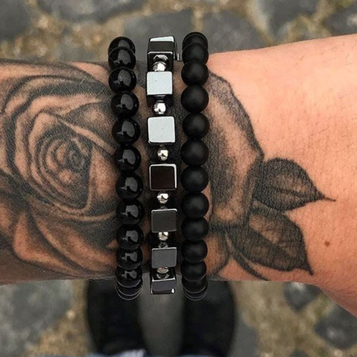 Charm Natural Stone Elastic Bracelet - Black - Overview & Details Color: Black Material: Natural stone & Square Metal Beads Gender: Unisex Type: Bracelets 6-8mm beads 19cm – Stretchy elastic Bracelet weight: 70g The stone color will NOT fade Nickel & Zinc Free 3 Bracelets