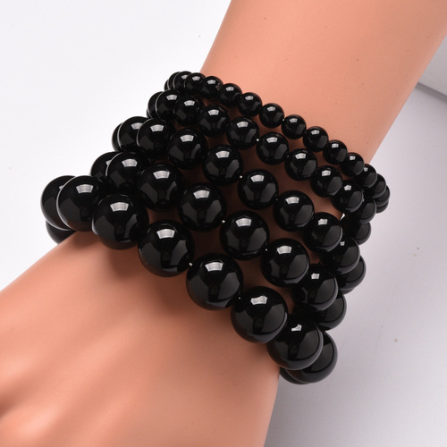 Simple Style Natural Stone Beaded Shiny Black Agate Stone - 8mm