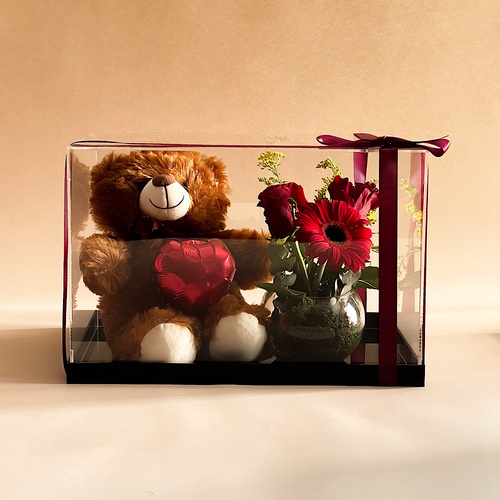 loved - contains an acrylic box with roses and a teddy bear.