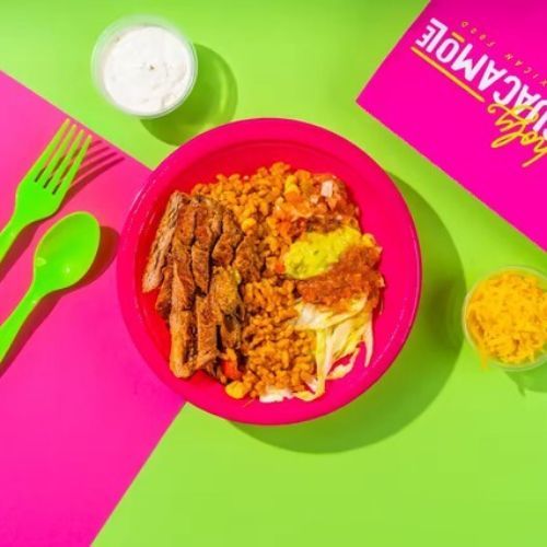 Mexico City Steak Rice Bowl 🥣 🥩 - Grilled Beef Steak with Mexican Rice, Shredded Lettuce, Topped with Guacamole, Salsa, Pico de Gallo and Shredded Cheese served with Home Made Sour Cream.