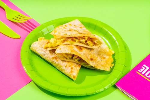 Breakfast Quesadilla - Slice Tortilla 
  with Creamy Egg, Shredded Cheese, Red Salsa, Pico de Gallo and Fresh
  Guacamole