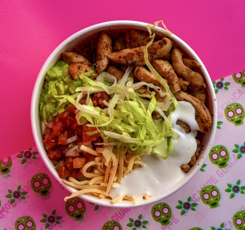 Mexico City Chicken Rice Bowl  🥣  🍗 - Grilled Chicken Breast with Mexican Rice, Iceberg Lettuce, topped with Guacamole, Pico de Gallo and Shredded Cheese served with Salsa and Sour Cream