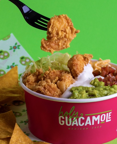 Mexico City Shrimp Rice Bowl  🥣 - Breaded Shrimp with Mexican Rice, Iceberg Lettuce, topped with Guacamole, Pico de Gallo, Salsa, Shredded Cheese served with Home Made Sour Cream.