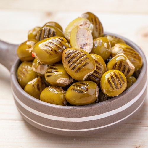 Grilled olives stuffed with labneh