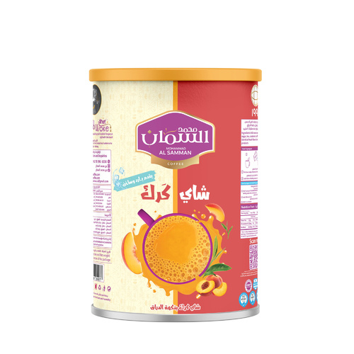 Al Saman Karak Tea – Peach Flavor – 640g (32 Cups) - Experience luxury at its finest with our premium Karak Tea, crafted from the finest black tea leaves carefully blended with pure cardamom.
Enhanced with premium saffron, each sip delivers a harmonious flavor with the rich aroma of cardamom, crowned by a golden saffron hue, offering a sensory journey that reflects the essence of refined Eastern hospitality.