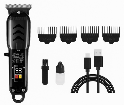 Professional Cordless Hair Clipper – Black - This high-performance cordless hair clipper is designed for precise trimming and smooth performance. It features a sleek black body with a transparent section showcasing the internal circuit board and a digital LED display for battery percentage.
What’s Included:
1 Hair clipper with LED power display
4 guide combs: 1.5mm, 2mm, 3mm, 4mm
1 cleaning brush
1 bottle of lubricating oil
1 USB Type-C charging cable
Key Features:
Digital screen shows battery level
Sharp T-blade for accurate trimming and detailing
Ergonomic and modern transparent design
USB rechargeable (Type-C)
Ideal for both home and professional use